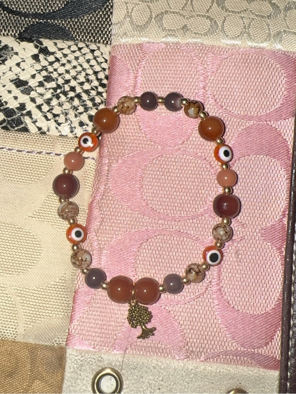 Handmade Brown Bead Bracelet with Tree Charm